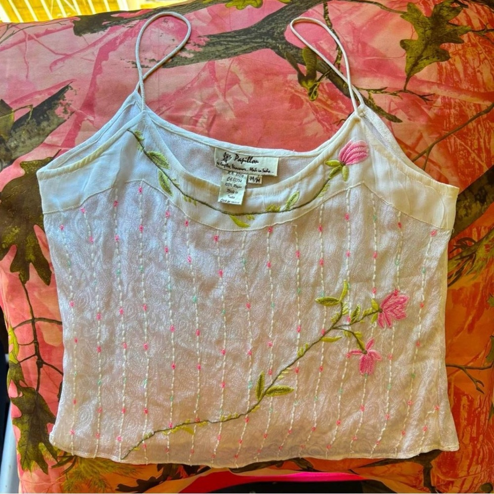 true vintage papillon beaded hand stitched floral tulip silk y2k camisole - Picture 3 of 8